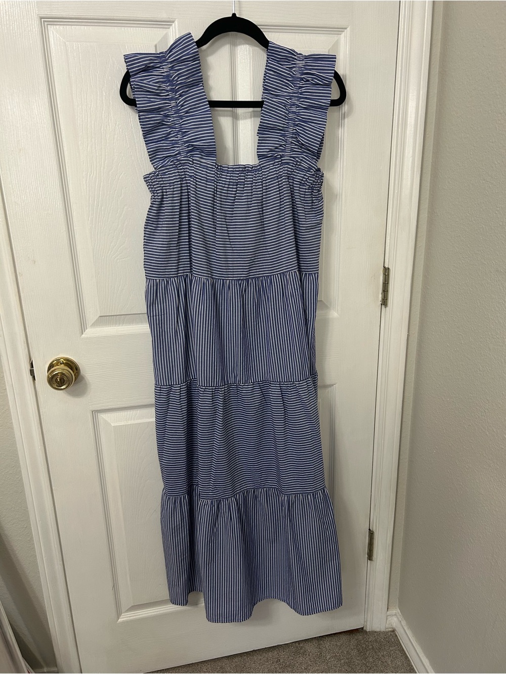 THML Blue and White Striped Tiered Maxi Dress with Ruffle Straps